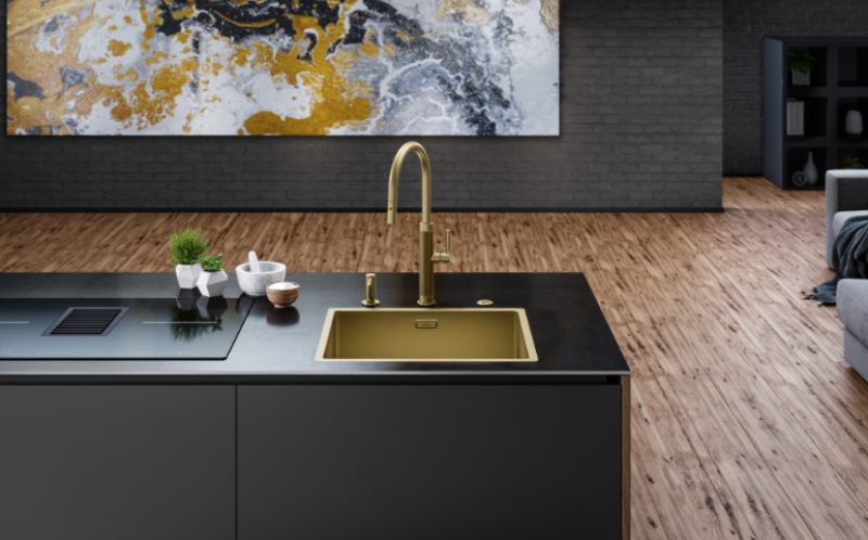 Franke Mythos Masterpiece Robinet de Cuisine Doré avec Bec en J et Douchette Extractible - 115.0711.558