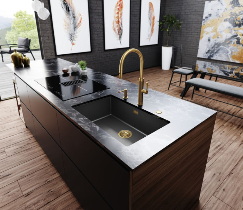 Franke Mythos Masterpiece Robinet de Cuisine Doré avec Bec en J et Douchette Extractible - 115.0711.558