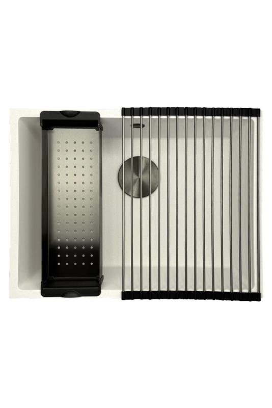 GraniteMy Évier Universel en Granit Blanc 55x40 cm à poser, à encastrer et à fleur avec bouchon en métal - 1208967933