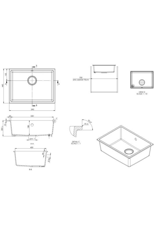 GraniteMy Évier Universel en Granit Blanc 55x40 cm à poser, à encastrer et à fleur avec bouchon en métal - 1208967933