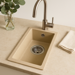GraniteMy Universal évier en granit beige sable petit 17x40 cm montage en surface, sous-plan et affleurant avec bouchon en inox 1208968002