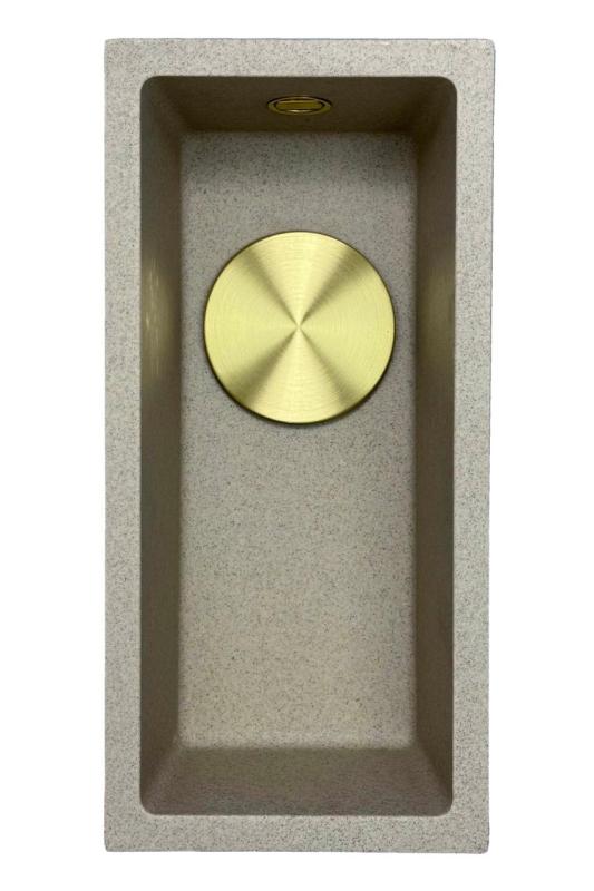 GraniteMy Universel évier petit en granit beige sable 17x40 cm montage en surface, sous plan et affleurant avec bouchon doré 1208968003