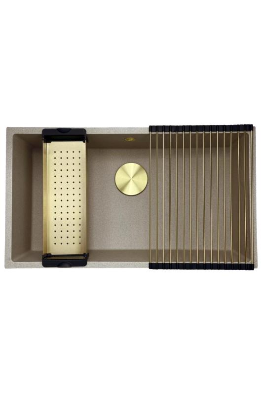 GraniteMy Évier universel en granit sable beige 74x40 cm montage en surface, sous-plan et affleurant avec bouchon doré 1208968018