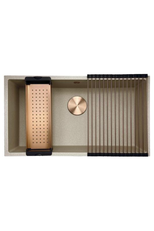 GraniteMy Universal évier en granit beige sable 74 x 40 cm à encastrer sous plan et à encastrer à fleur avec bouchon en cuivre 1208968019