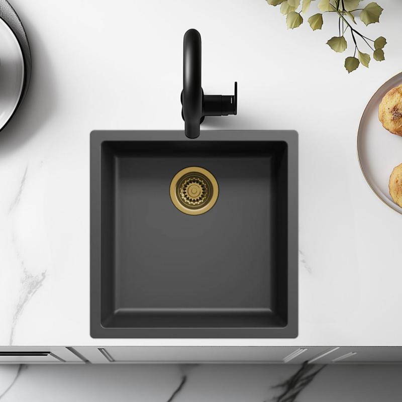 Évier noir 40x40cm pour montage sous-plan, sur plan et à fleur avec bonde dorée 1208968034