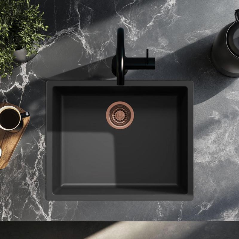 Évier noir 50x40cm sous-plan, sur-plan et à fleur de plan avec bouchon en cuivre 1208968036