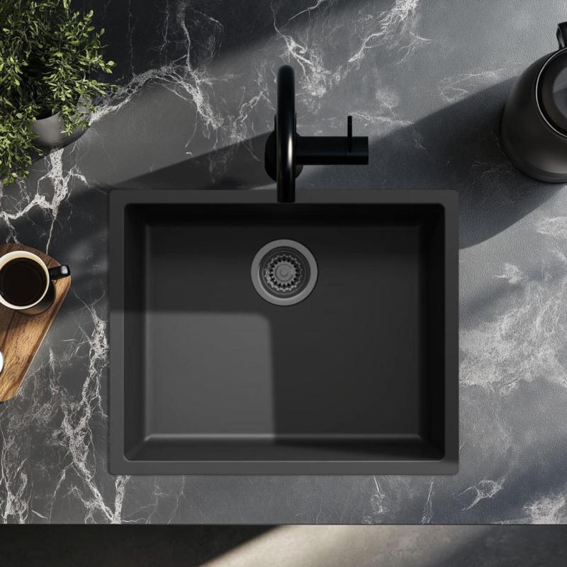 Évier noir 50x40cm sous plan, encastré et à fleur avec bonde en métal gun 1208968038