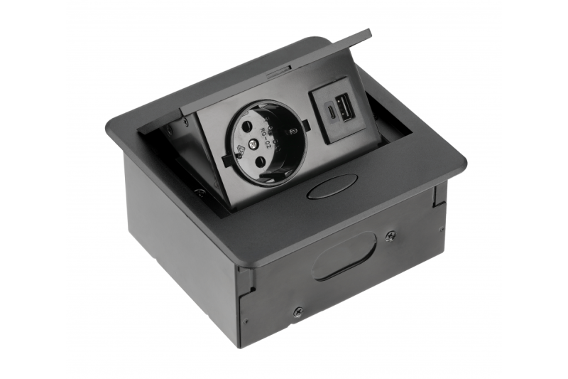 Prise encastrable pour meubles AVARO, 1x Prise Schuko, USB A+C, Câble de 1,5m, Noir