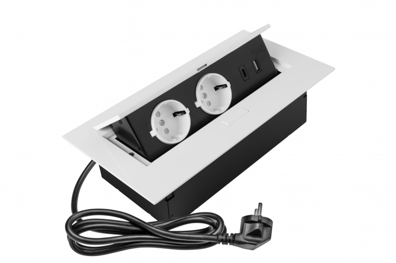 Prise pour meubles 2x prise avec mise à la terre, USB A+C, câble d'alimentation avec prise, blanc