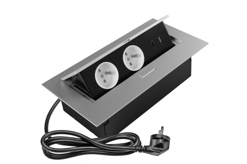 Prise pour meubles 2x prise avec mise à la terre, USB A+C, câble d'alimentation avec prise, alu