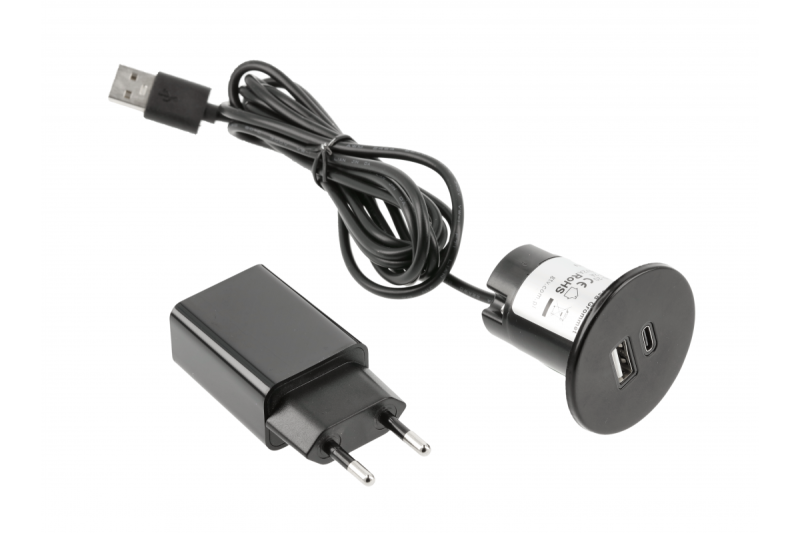 Chargeur USB A+C 5V 2A avec alimentation électrique, noir