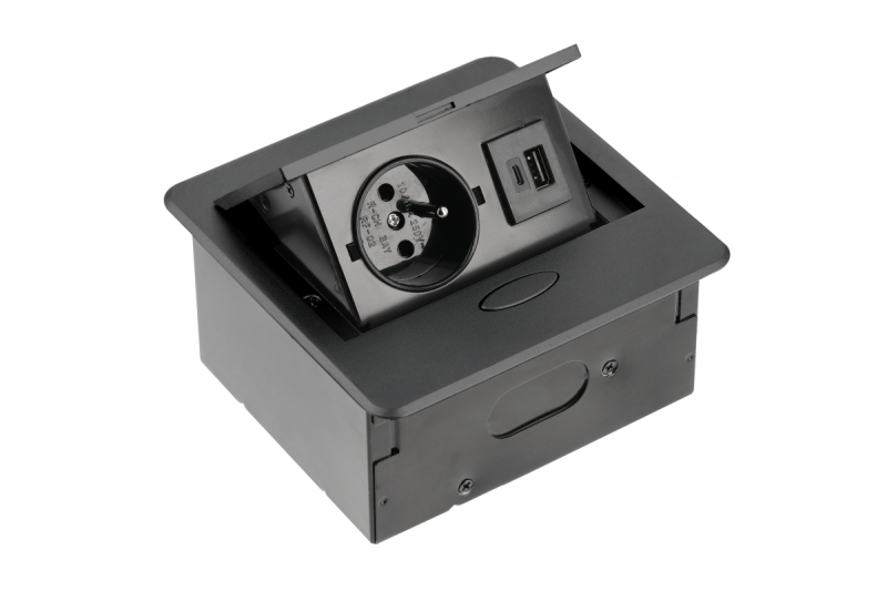 Prise Encastrée pour Meubles AVARO, 1x Prise Française, USB A+C, Câble de 1.5m, Noir