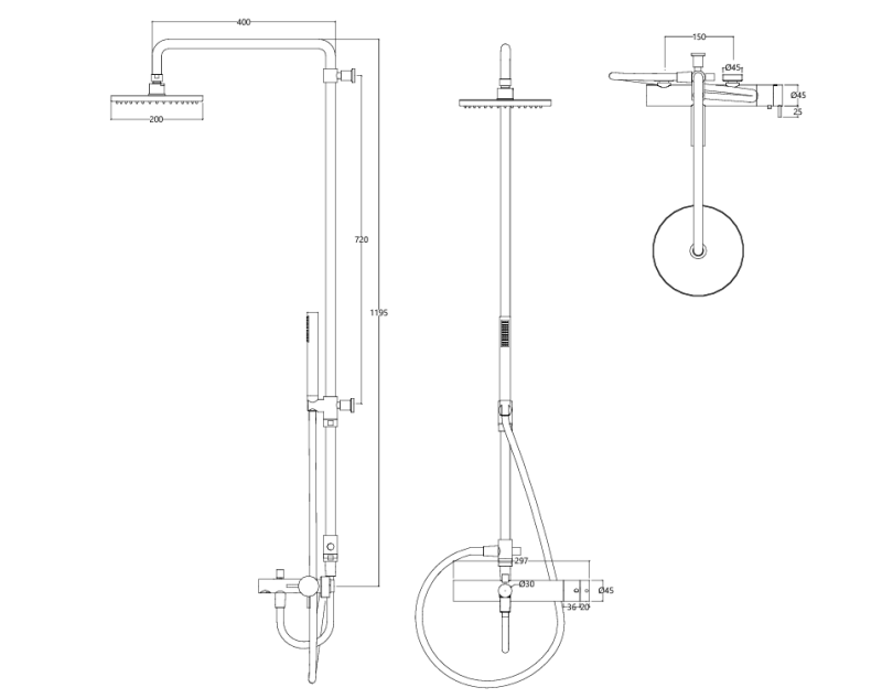 Révolution de l'eau Flow robinet de douche thermostatique à trois voies avec pomme de douche principale de 250 mm et douchette à main ronde en or clair T131TNR25WGE