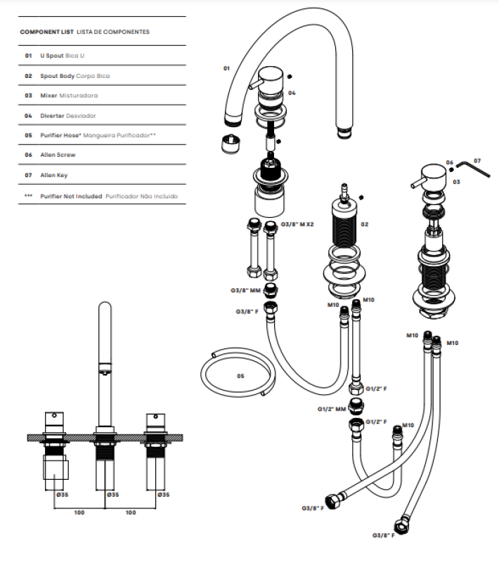 Waterevolution Flow mitigeur de cuisine à 3 trous avec bec pivotant et raccordement pour eau filtrée en inox T152UIE