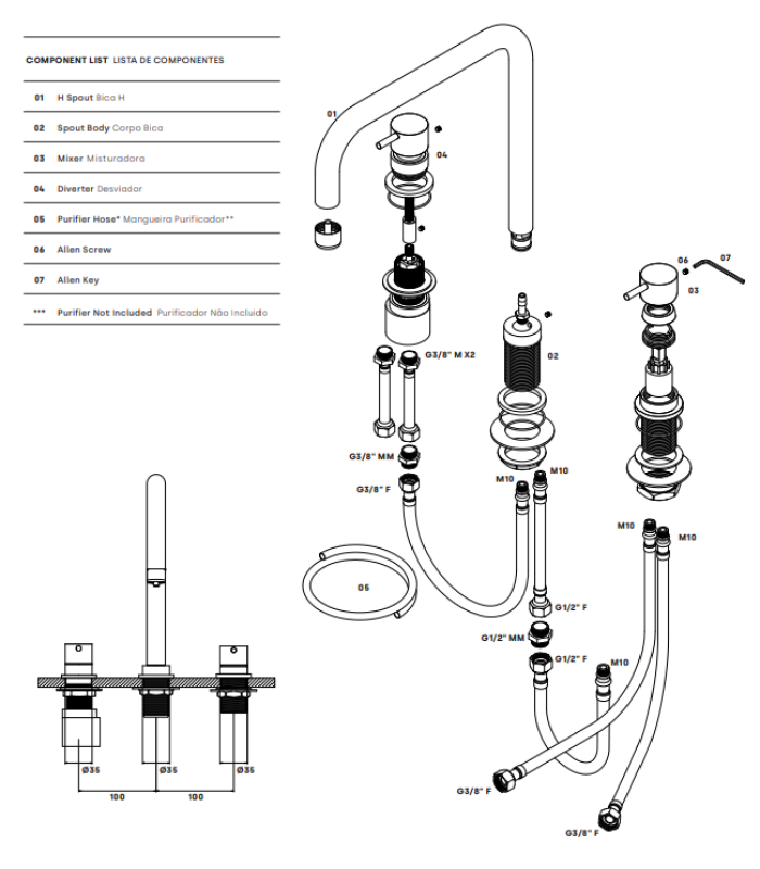 Révolution de l'eau Flow robinet de cuisine à 3 trous avec bec pivotant et raccord pour eau filtrée en inox T152HIE