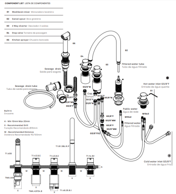 Waterevolution Flow robinet de cuisine à 5 trous avec douchette extractible et raccordement à l'eau filtrée en inox T154UIE