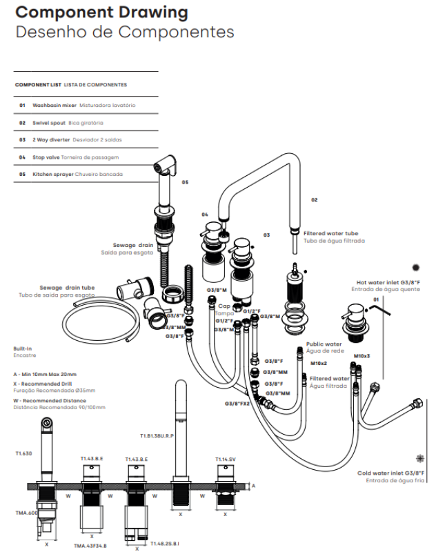 Waterevolution Flow mitigeur d'évier 5 trous en angle avec douchette extractible et connexion pour eau filtrée en inox T154HIE
