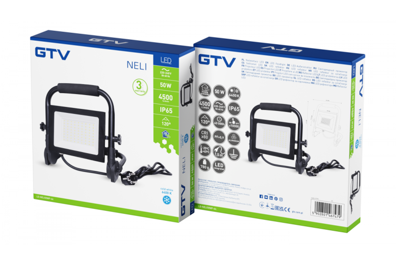 NELI Projecteur Portable, LED, 50W, 4500lm, 6400K, AC220-240V, IP65, câble de 1,5m