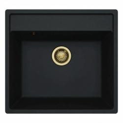 GraniteMy Bremen Évier en Granit 53x50 cm Noir - Montage en Surface, Sous-Montage et Montage à Fleure avec Trou de Robinet et Bouchon Doré 1208969969