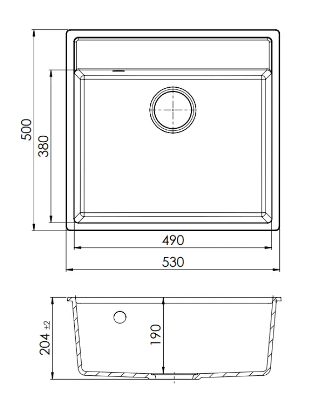 GraniteMy Bremen Évier en Granit 53x50 cm Noir - Montage en Surface, Sous-Plan et À Fleure avec Perçage pour Robinet et Bouchon en Métal Gun 1208969971