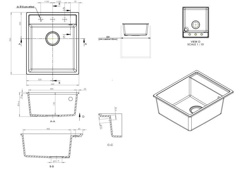 Évier en granit GraniteMy Bremen 44x52 cm Noir – Montage en surface, sous-plan et à fleur avec rebord pour robinet et bouchon en inox 1208969991