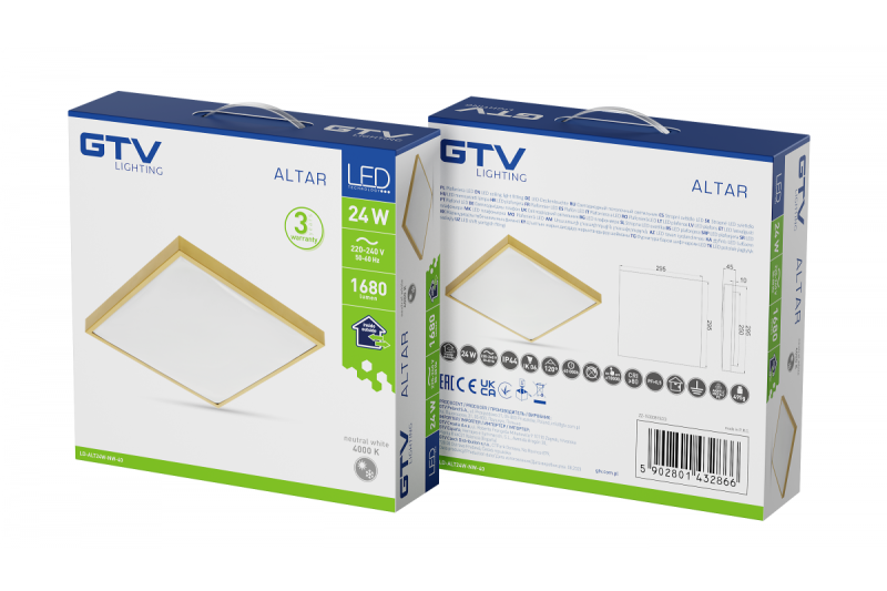 ALTAR LED Plafonnier, 295x295mm, 4000K, 24W, 1680lm, AC180-250V, 50/60 Hz, PF>0.5, IP44, couleur or, garantie de 3 ans.