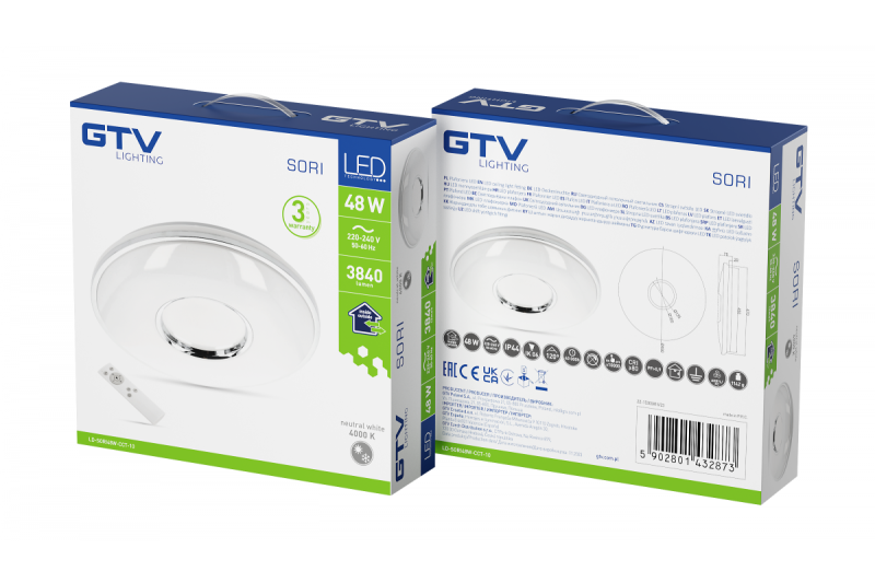SORI LED plafonnier, Ø490mm, CCT, 48W, 3840lm, AC180-250V, 50/60 Hz, PF>0,9, IP54, télécommande, blanc, garantie de 3 ans.