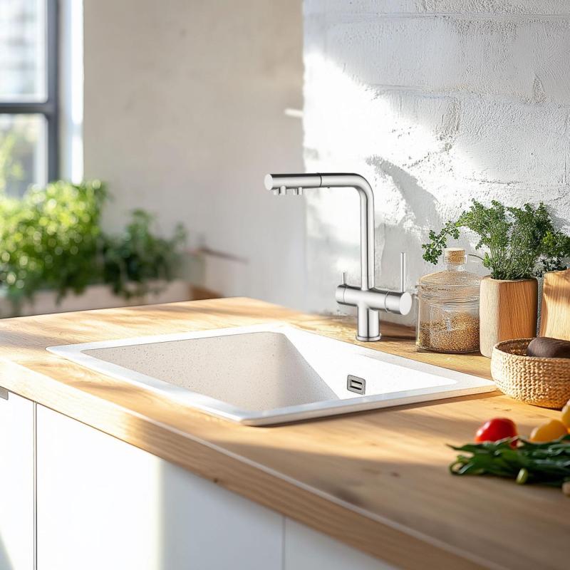 Ausmann Ellington Mitigeur de Cuisine 3 Voies avec Bec Rétractable et Eau Filtrée – Acier Inoxydable - 1208970082