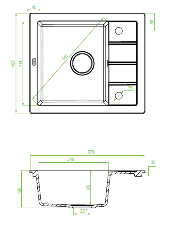 Aquadesign Somerset Évier en Granit à Poser Anthracite avec Petit Égouttoir 570 x 495 mm 1208970084