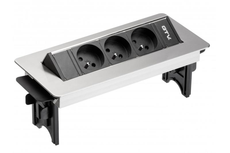 Rallonge de bureau sans cassette, triple prise avec mise à la terre, câble d'alimentation de 1,5 m avec fiche, inox.