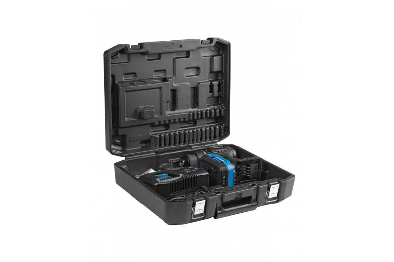 Perceuse sans fil HÖGERT 18V, ensemble avec batterie, chargeur, porte-embouts, et magasin de forets.