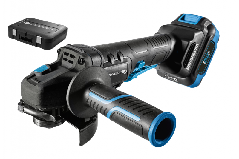 HÖGERT Meuleuse d'angle sans fil avec interrupteur à palette, 125MM, 18V - Set (batterie, chargeur, accessoires)