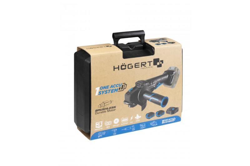 HÖGERT Meuleuse d'angle sans fil avec interrupteur à palette, 125MM, 18V - Set (batterie, chargeur, accessoires)