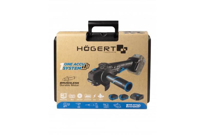 HÖGERT Meuleuse d'angle sans fil avec interrupteur à palette, 125MM, 18V - Set (batterie, chargeur, accessoires)