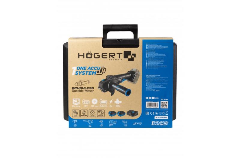 HÖGERT Meuleuse d'angle sans fil avec interrupteur à palette, 125MM, 18V - Set (batterie, chargeur, accessoires)
