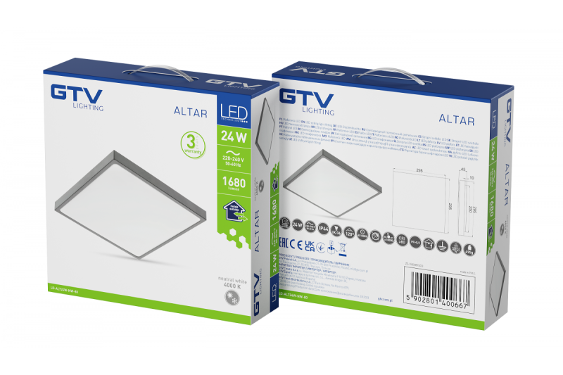 Lampe de plafond ALTAR LED, 295x295mm, 4000K, 24W, 1680lm, AC180-250V, 50/60 Hz, PF>0.5, IP54, gris, garantie de 3 ans