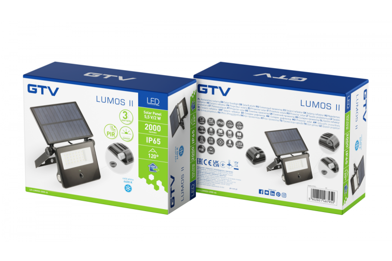 Lumière d'inondation solaire LUMOS II, LED, 2000lm, 6400K, 2600mAh remplaçable, IP65, noir