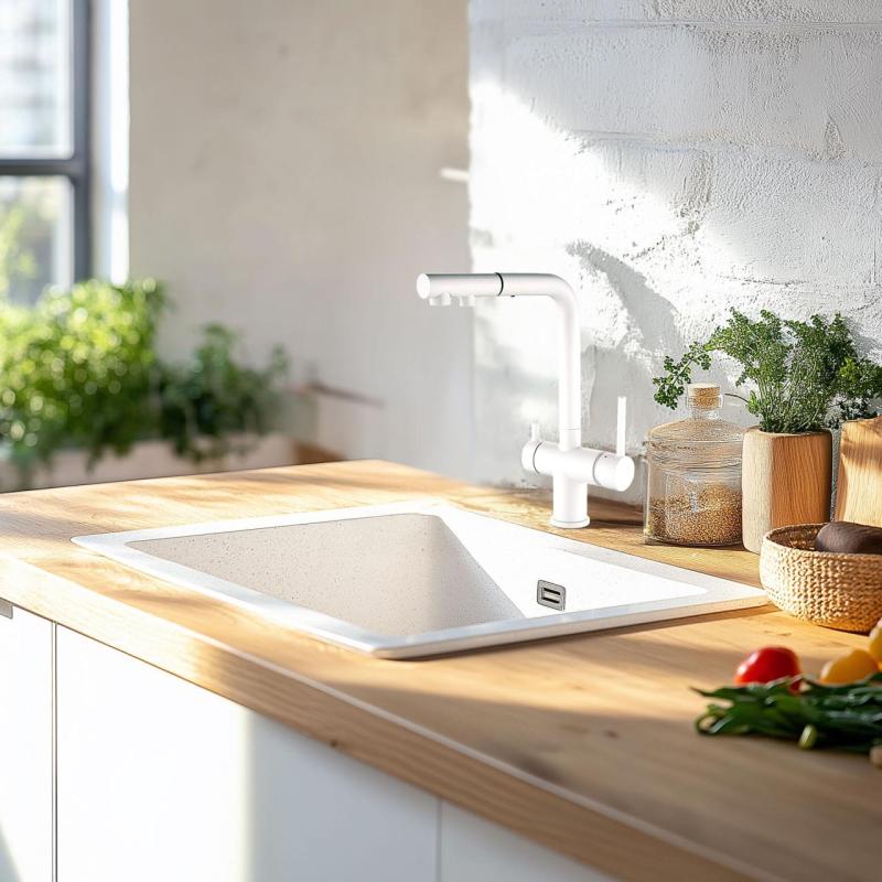 Robinet de cuisine à 3 voies Ausmann Ellington avec bec rétractable et eau filtrée – Blanc - 1208970496