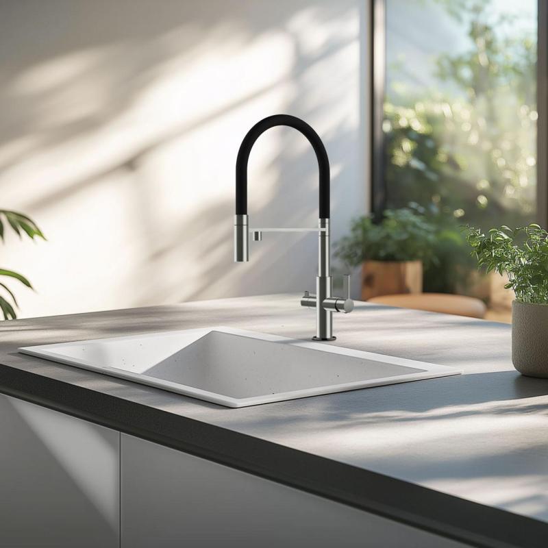 Robinet de cuisine 3 voies Ausmann Claridge avec bec flexible et eau filtrée – Gris - 1208970502