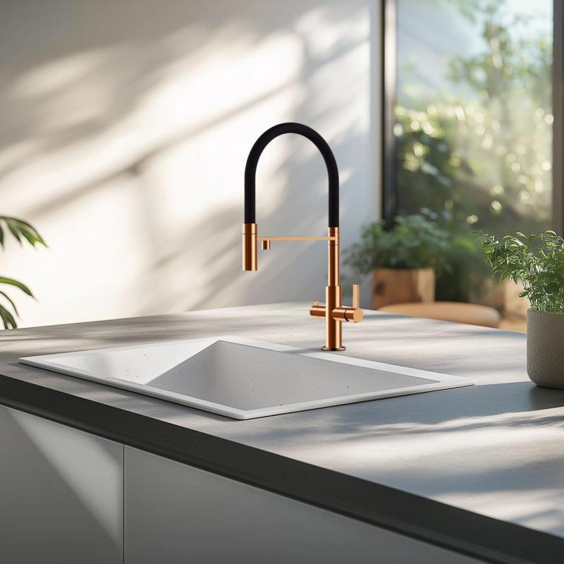 Ausmann Claridge Mitigeur de Cuisine à 3 Voies avec Bec Flexible et Eau Filtrée – Cuivre - 1208970503