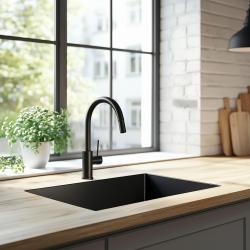 Ausmann Ceramic Ember Évier en céramique Mat Noir - Montage en surface et sous plan 54 x 40 cm avec bouchon en inox 1208970511