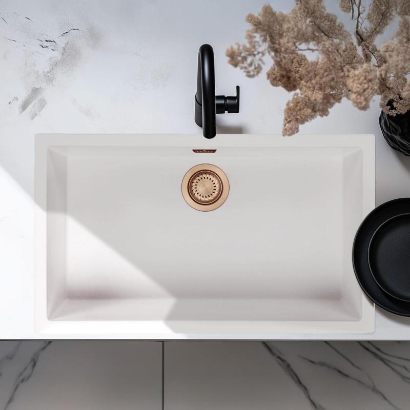 Évier Blanc Grand 70x40 cm Sous-Plan, Sur-Plan et Encastré avec Bouchon en Cuivre 1208970523