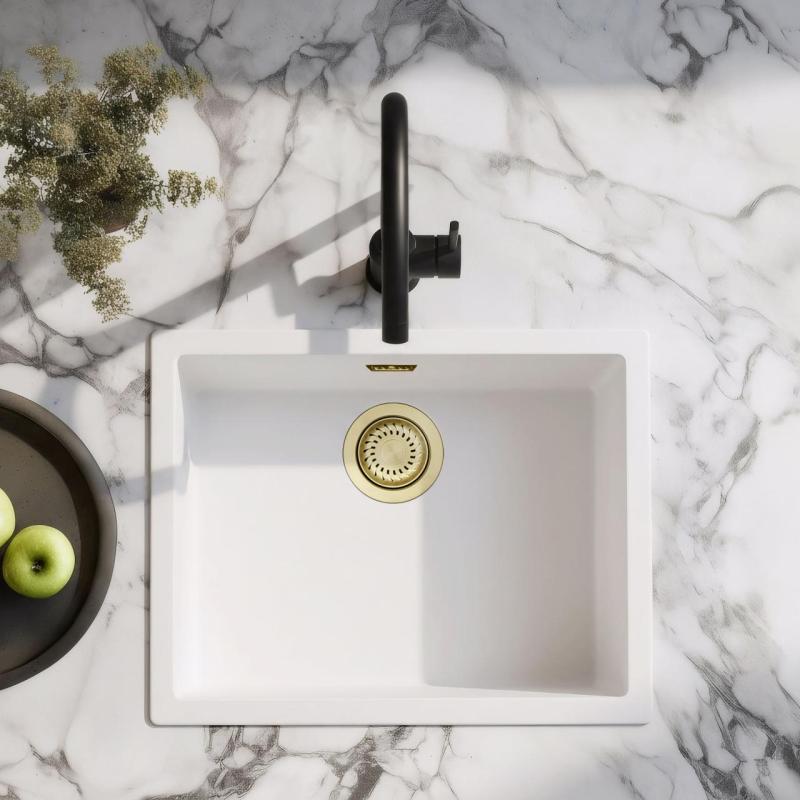 Évier Blanc 50x40 cm Sous-Plan, Posé et Affleurant avec Bouchon Doré 1208970532