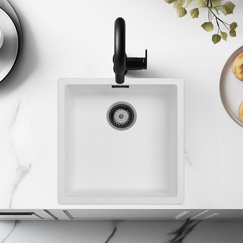 Évier Blanc 40x40 cm Sous-plan, Sur-plan et Encastré avec Bouchon en Métal Canon 1208970534