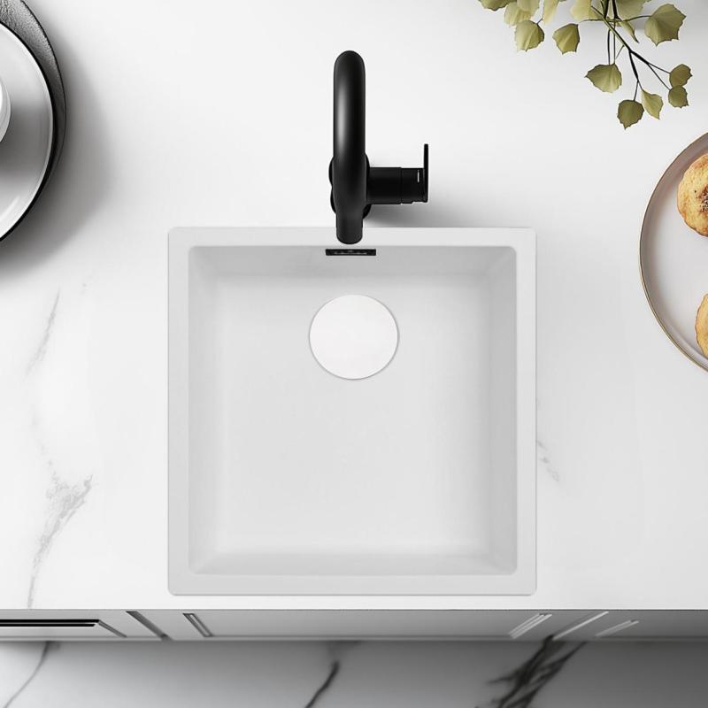 Évier Blanc 40x40 cm Sous-Plan, Posé et Encastré avec Bouchon Blanc 1208970536