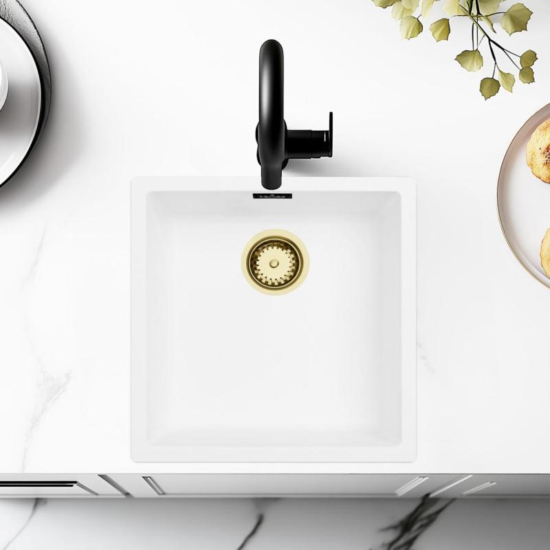Évier Blanc 40x40 cm Sous-Plan, Sur-Plan et Encastré avec Bouchon Doré 1208970537