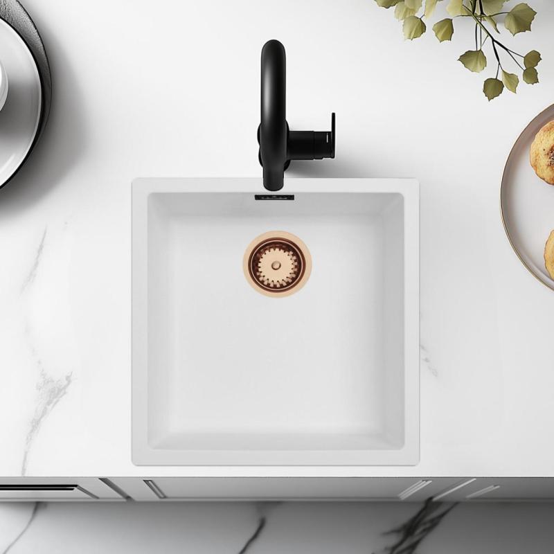 Évier Blanc 40x40 cm Sous-Plan, Sur-Plan et Encastré avec Bouchon en Cuivre 1208970538
