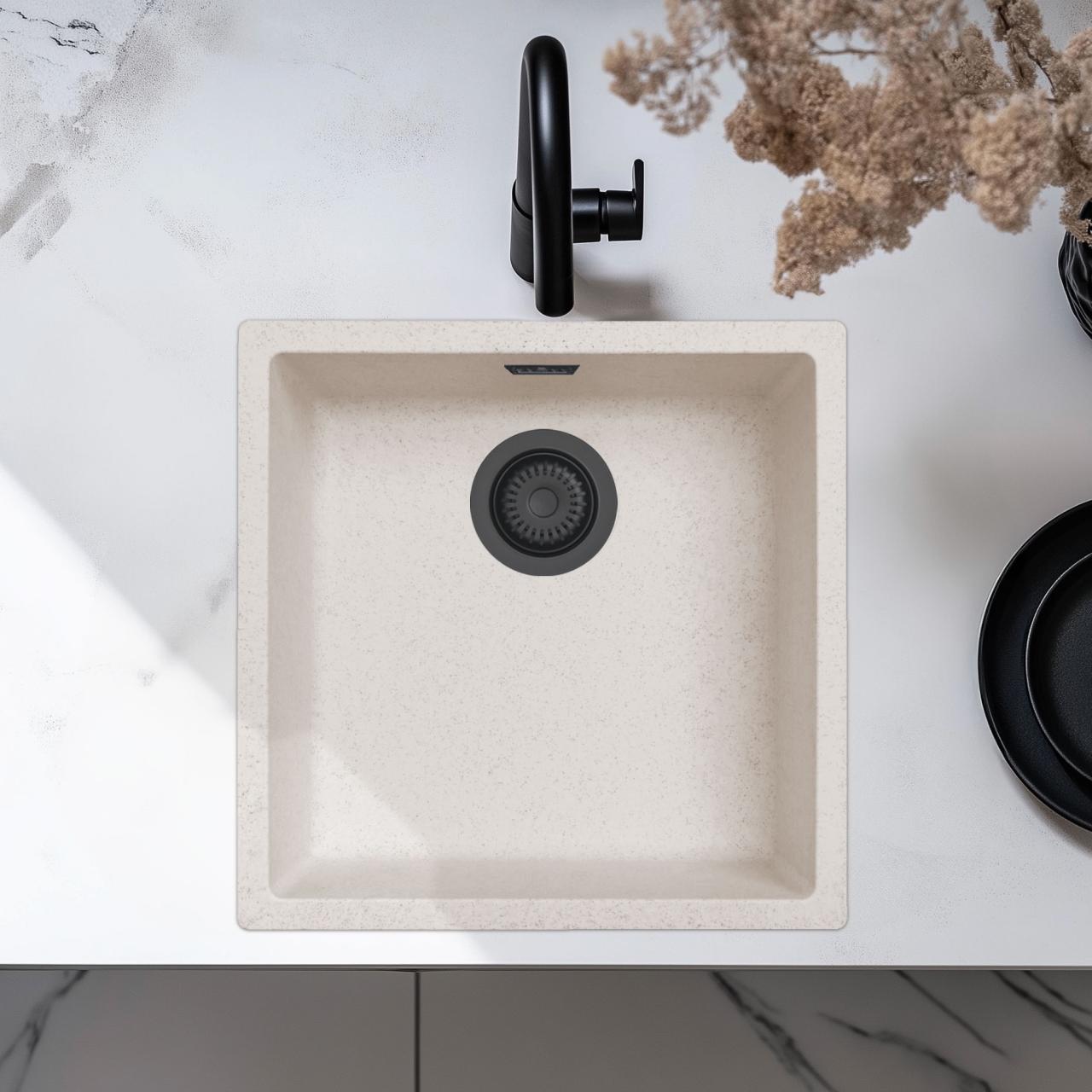 Évier en Sable Blanc Crème 40x40 cm pour Montage Sous-Plan, Sur-Plan et À Fleur avec Bouchon Noir Mat 1208970540
