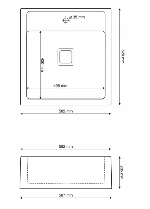 Graniteland Arno Granit Aspect pierre bleue évier encastré 582x620mm avec bouchon carré en inox 1208970600