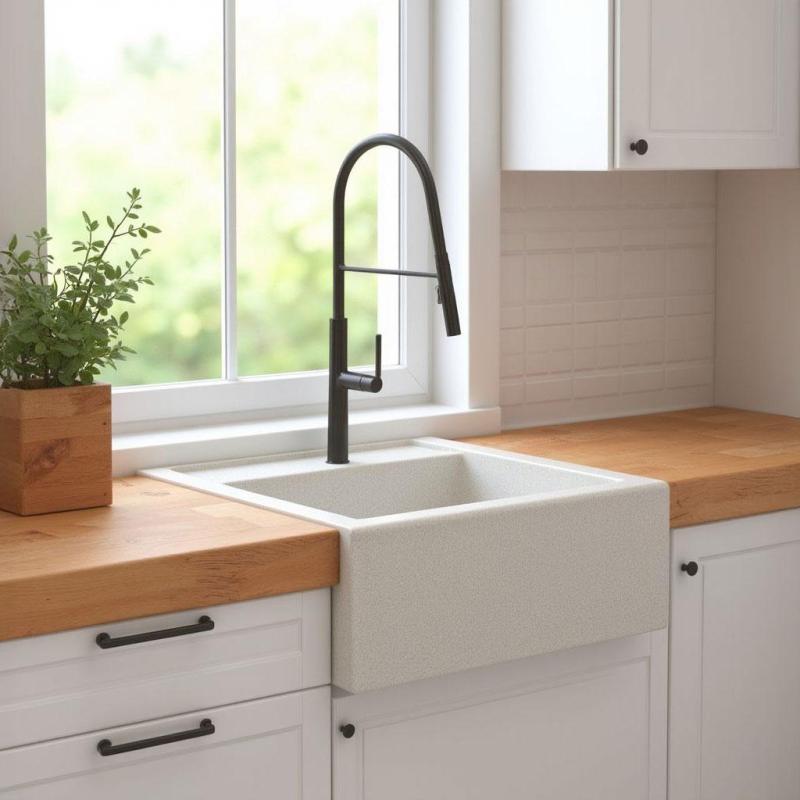 Graniteland Arno Évier en granit blanc à encastrer 582x620mm avec bouchon carré en inox 1208970604